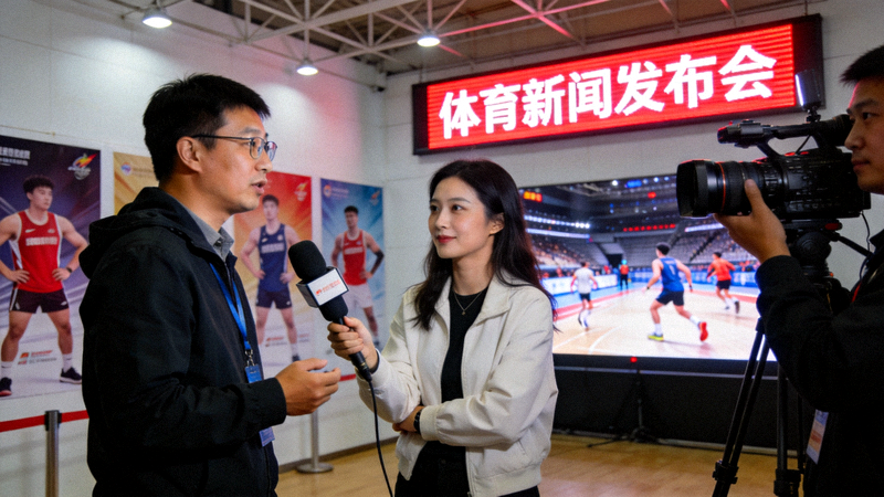 体育新闻发布现场，记者在赛事场馆内进行采访与拍摄